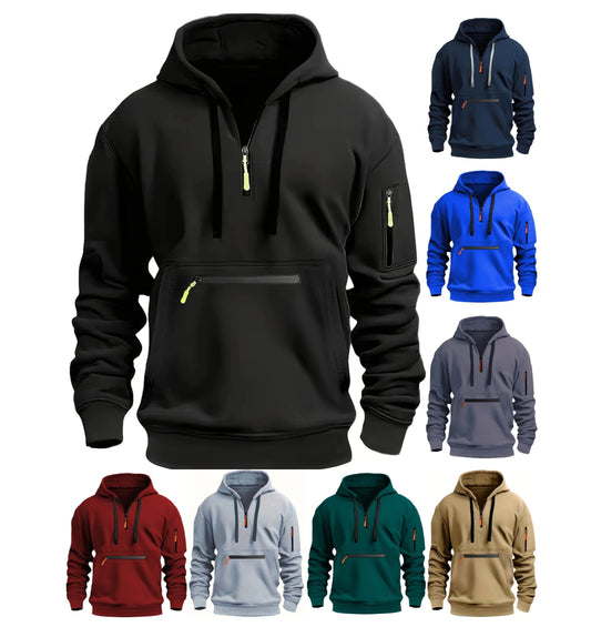 Men’s Pullover Hoodie Solid Pattern Zippered Lined Collar Loose Fit Casual Sportswear | TZ-28