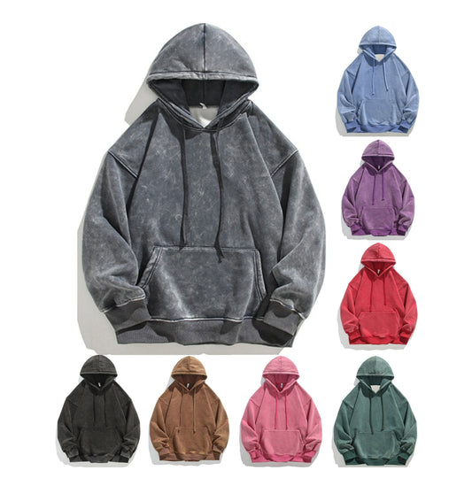 Unisex Heavy French Terry Bonded Fleece Hoodie Thick Vintage Distressed Washed Pullover | A042-23XW99282