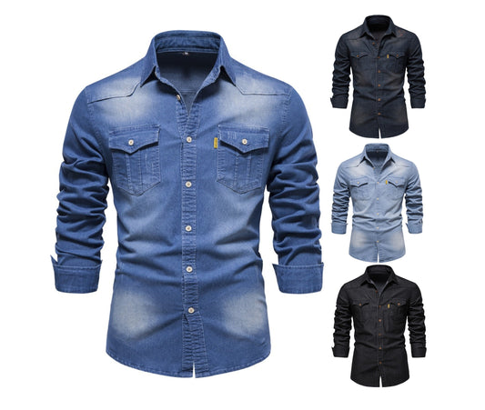 Men's Long Sleeve Denim No-Iron Casual Shirt Solid Color Cotton Vintage Style | 6022