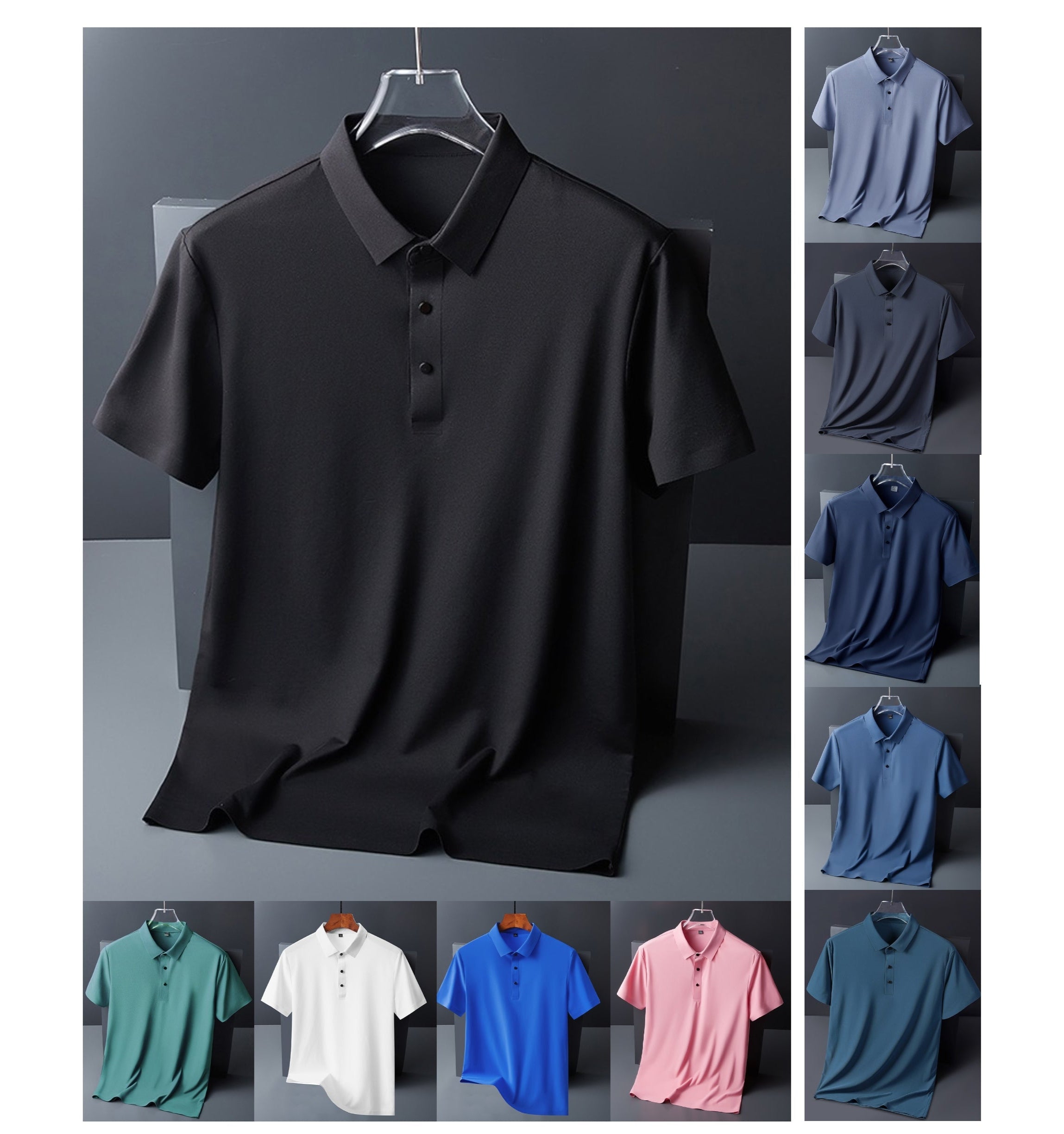 Men's Summer Seamless Ice Silk T-shirt Solid Color Short Sleeve Casual Stretch Polo Shirt | Y678
