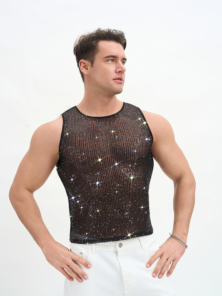 WINUU Men‘s Mesh Sequin Tank Top Rave Party Vest for Clubs & Music Festivals Shiny Glitter Muscle Tee Shirt