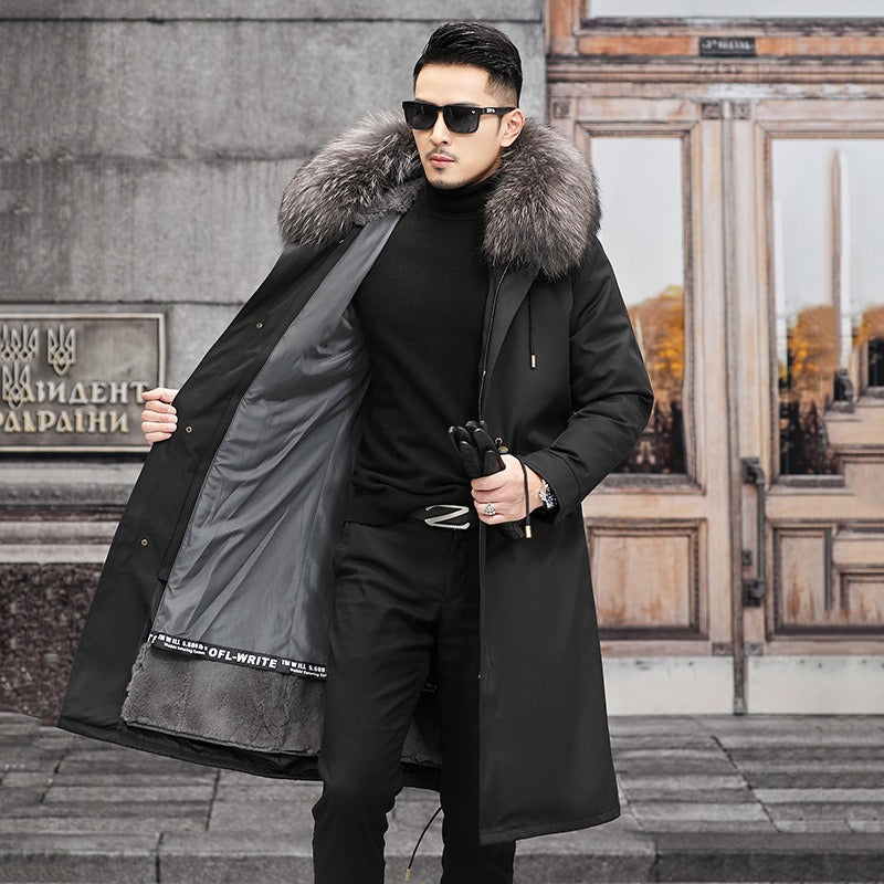 Snow Lotus Men's Otter Rabbit Fur Parka | Detachable Fur Lining Long Winter Coat | Mid-Length Hooded Faux Fur Jacket | 212