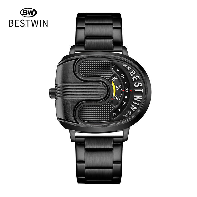 BESTWIN Men‘s Gold U-Shape Digital Chronograph Watch | Fashion Oval Dress Timepiece with Stainless Steel Bracelet | 988
