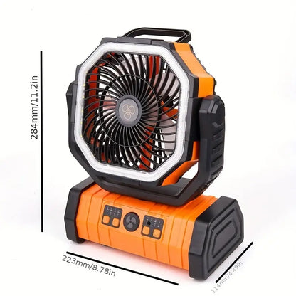 Ventilatore da campeggio portatile ricaricabile per esterni con gancio Ventilatore da tavolo USB con luce LED di emergenza e power bank per picnic, escursionismo, pesca 