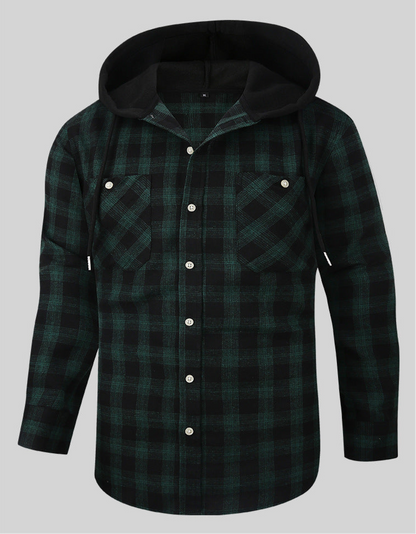 Men Premium Loose Fit Casual Flannel Long Sleeve Hooded Plaid Checkered Shirt | JM419