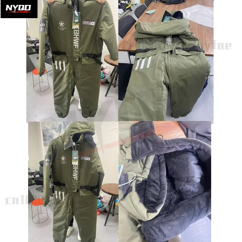 Winter Full Waterproof Thick Ski Suit Jacket Trouser Snow Windproof Fleece Jumpsuit Cold Weather Motorcycle Riding Suit