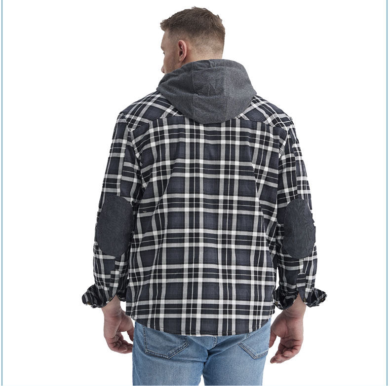 Men's Plaid Checked Shirt Jacket Plus Size Velvet Lined Windproof Warm Hooded Cotton Coat | 3252