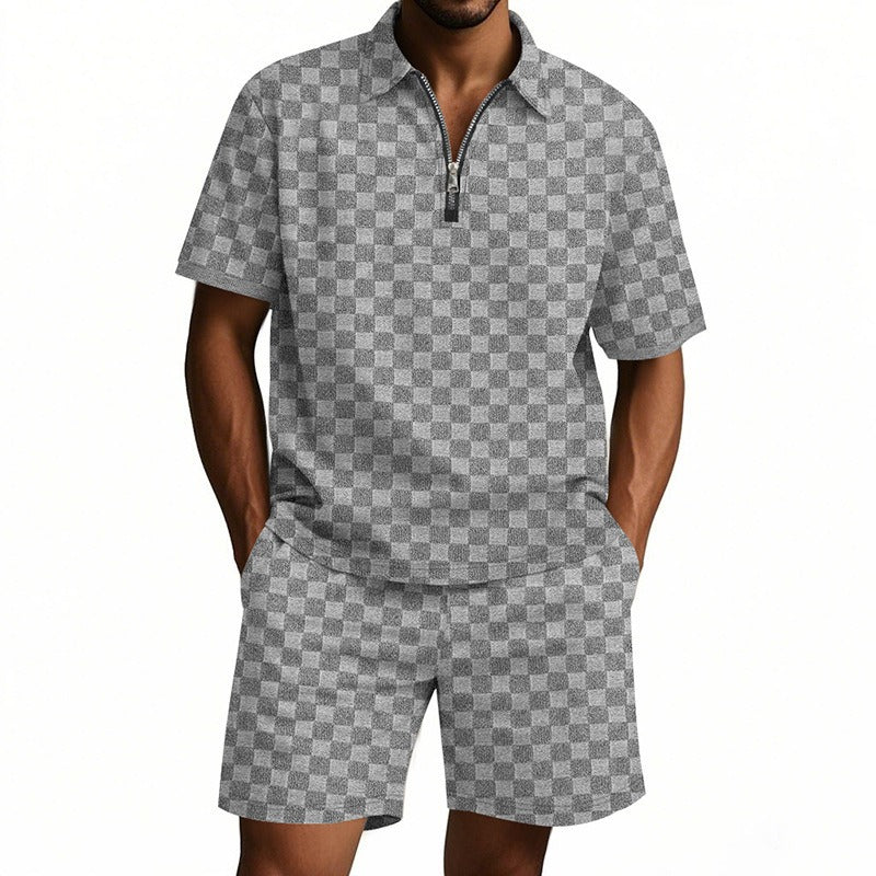 Men’s Trendy Checkerboard Polo Shirt & Matching Shorts Two-Piece Summer Outfit Set | CW-25