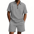 Men’s Trendy Checkerboard Polo Shirt & Matching Shorts Two-Piece Summer Outfit Set | CW-25