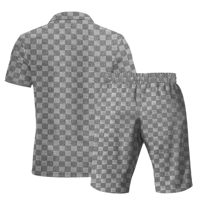 Men’s Trendy Checkerboard Polo Shirt & Matching Shorts Two-Piece Summer Outfit Set | CW-25