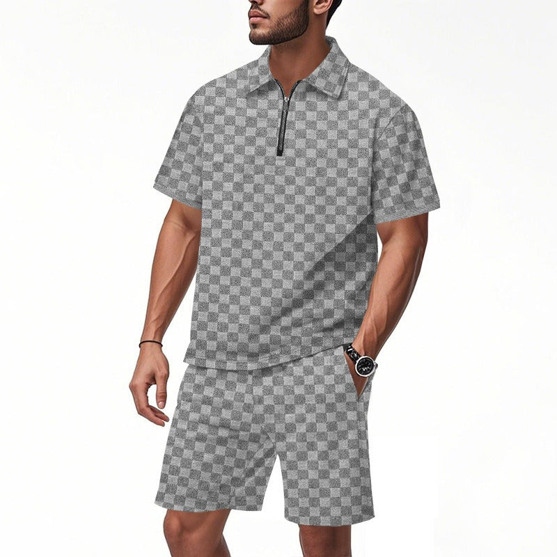 Men’s Trendy Checkerboard Polo Shirt & Matching Shorts Two-Piece Summer Outfit Set | CW-25