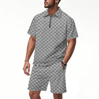 Men’s Trendy Checkerboard Polo Shirt & Matching Shorts Two-Piece Summer Outfit Set | CW-25