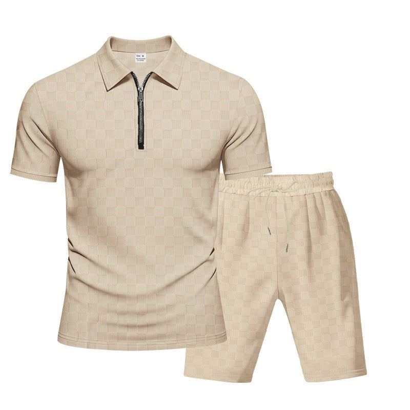 Men’s Trendy Checkerboard Polo Shirt & Matching Shorts Two-Piece Summer Outfit Set | CW-25