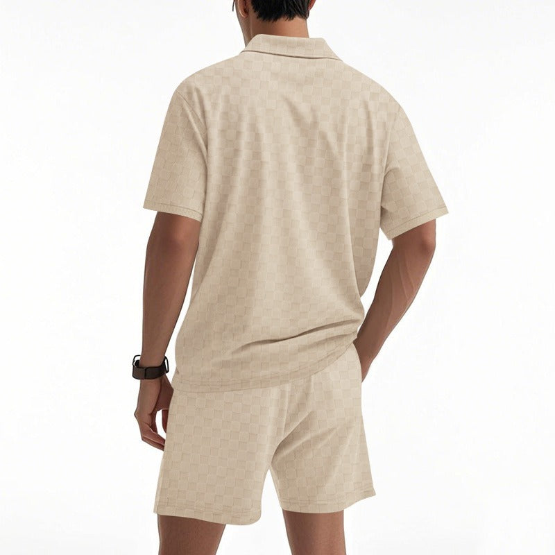 Men’s Trendy Checkerboard Polo Shirt & Matching Shorts Two-Piece Summer Outfit Set | CW-25