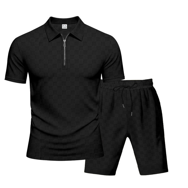 Men’s Trendy Checkerboard Polo Shirt & Matching Shorts Two-Piece Summer Outfit Set | CW-25
