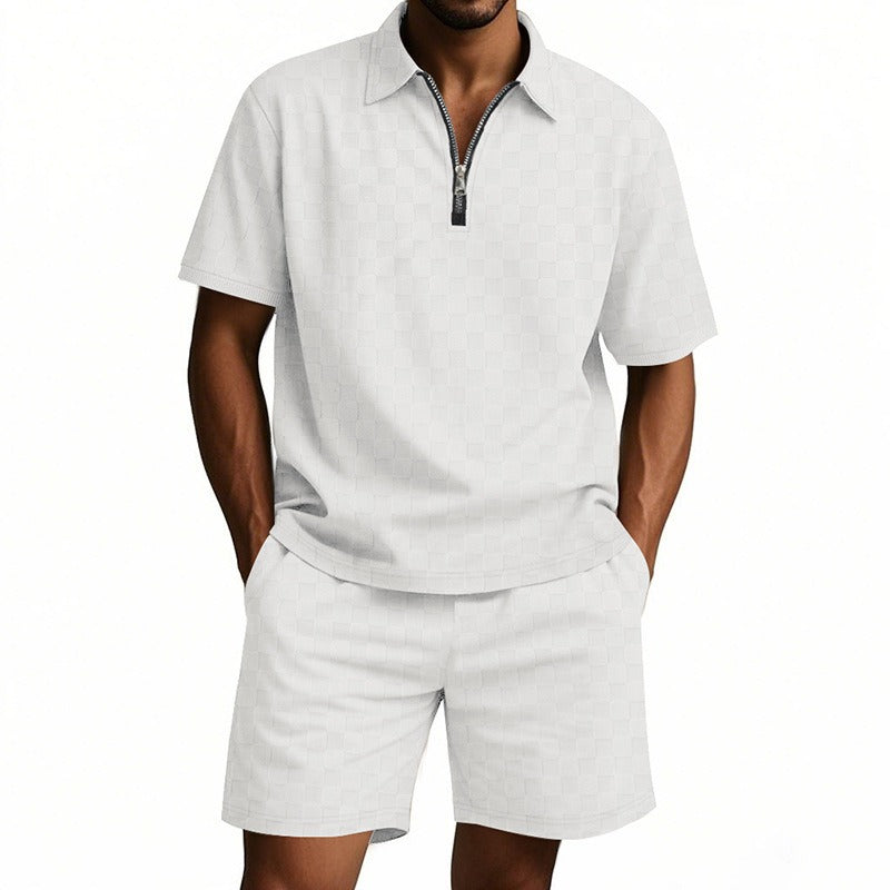 Men’s Trendy Checkerboard Polo Shirt & Matching Shorts Two-Piece Summer Outfit Set | CW-25