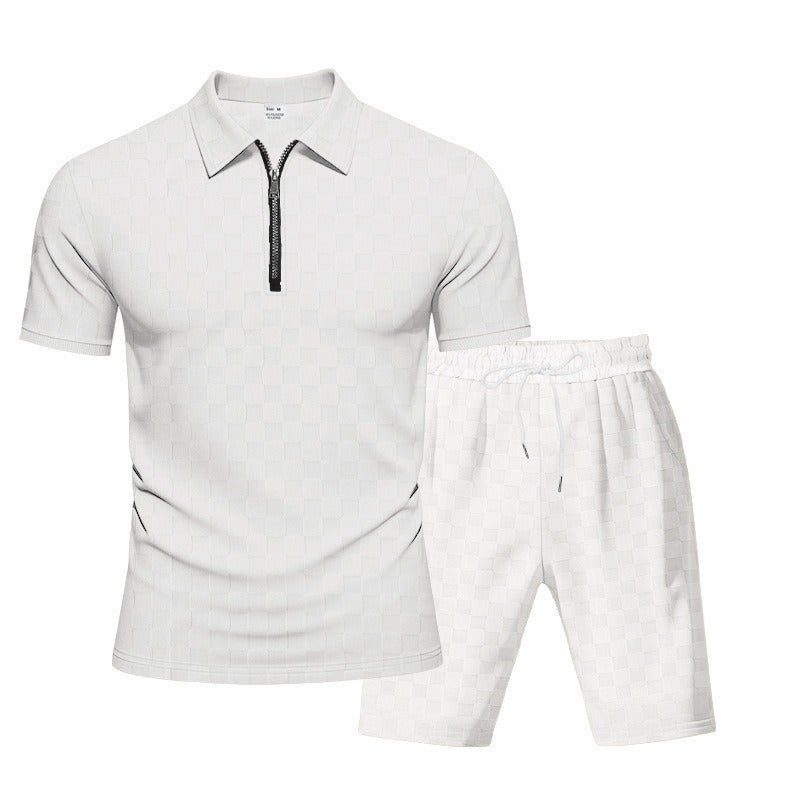 Men’s Trendy Checkerboard Polo Shirt & Matching Shorts Two-Piece Summer Outfit Set | CW-25