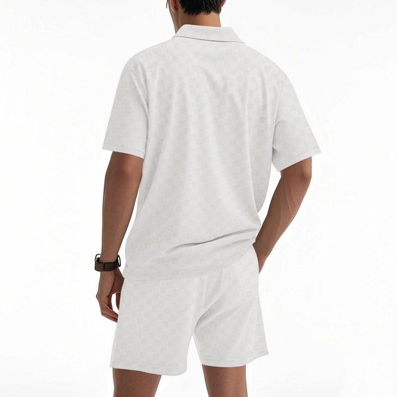 Men’s Trendy Checkerboard Polo Shirt & Matching Shorts Two-Piece Summer Outfit Set | CW-25