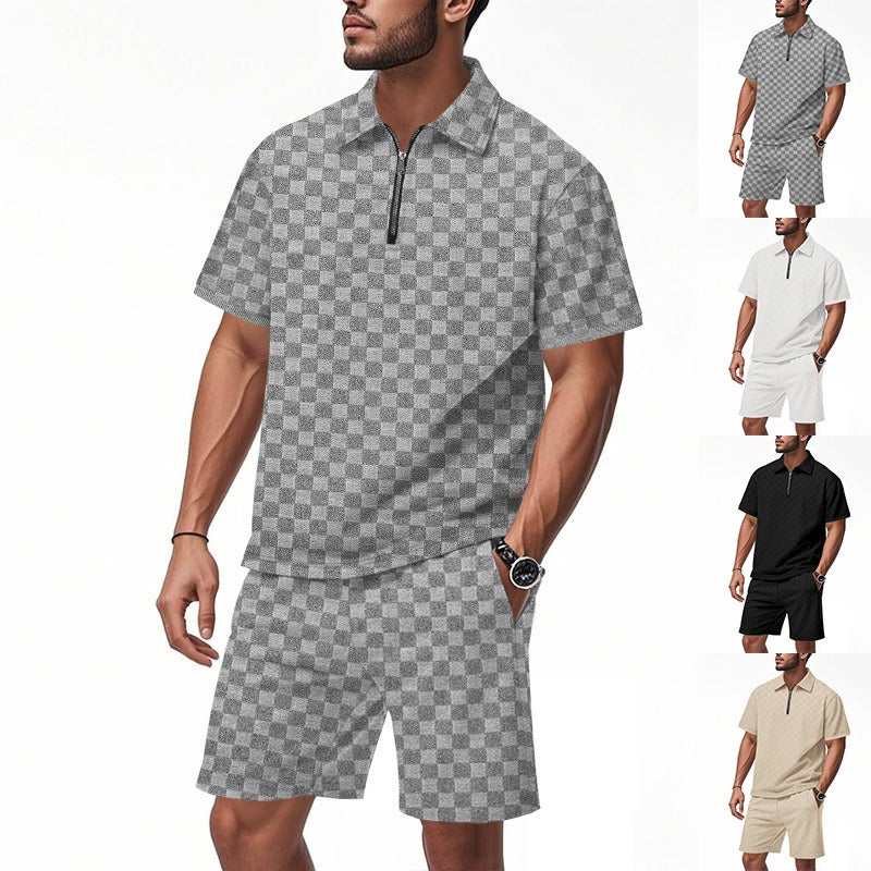 Men’s Trendy Checkerboard Polo Shirt & Matching Shorts Two-Piece Summer Outfit Set | CW-25