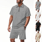 Men’s Trendy Checkerboard Polo Shirt & Matching Shorts Two-Piece Summer Outfit Set | CW-25