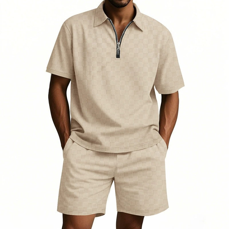 Men’s Trendy Checkerboard Polo Shirt & Matching Shorts Two-Piece Summer Outfit Set | CW-25