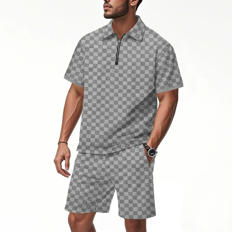 Men’s Trendy Checkerboard Polo Shirt & Matching Shorts Two-Piece Summer Outfit Set | CW-25