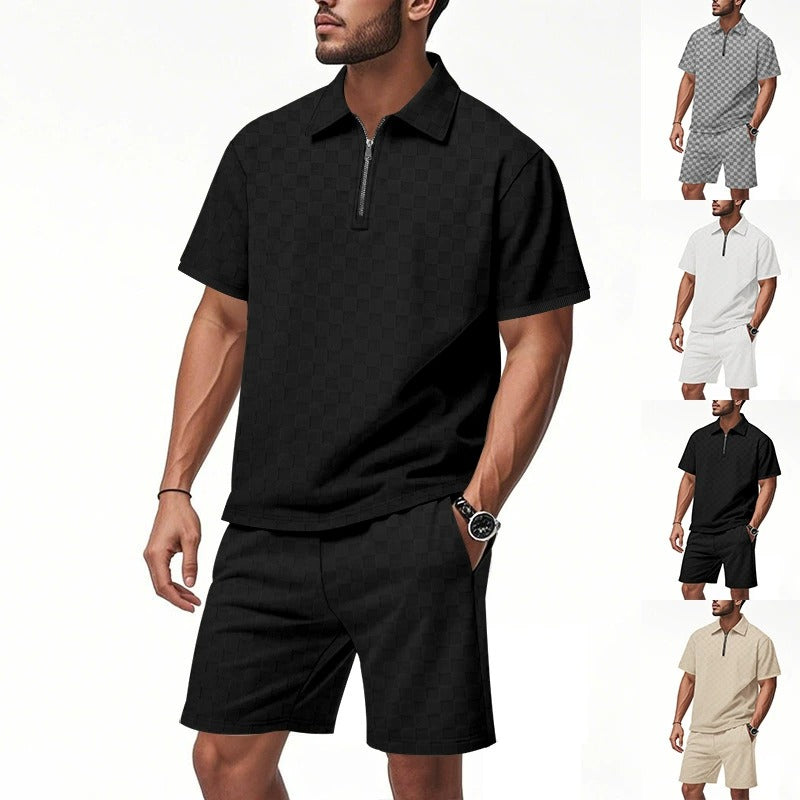Men’s Trendy Checkerboard Polo Shirt & Matching Shorts Two-Piece Summer Outfit Set | CW-25