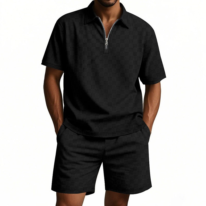 Men’s Trendy Checkerboard Polo Shirt & Matching Shorts Two-Piece Summer Outfit Set | CW-25