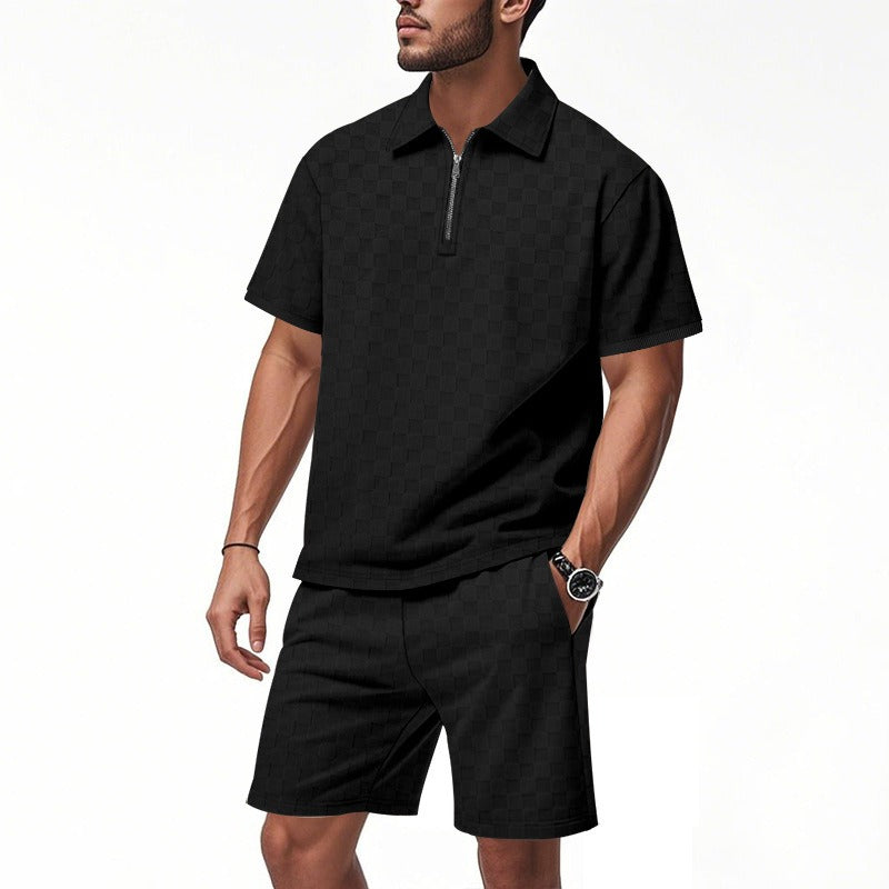 Men’s Trendy Checkerboard Polo Shirt & Matching Shorts Two-Piece Summer Outfit Set | CW-25