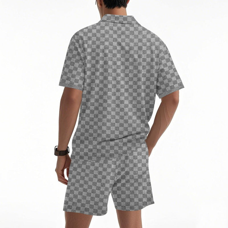Men’s Trendy Checkerboard Polo Shirt & Matching Shorts Two-Piece Summer Outfit Set | CW-25