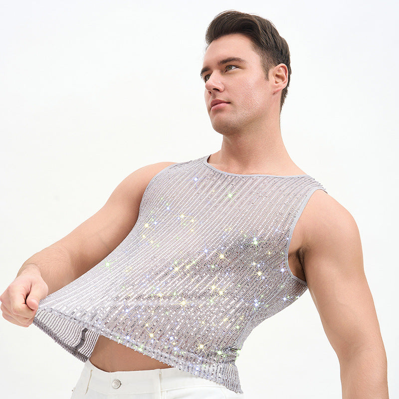WINUU Men‘s Mesh Sequin Tank Top Rave Party Vest for Clubs & Music Festivals Shiny Glitter Muscle Tee Shirt