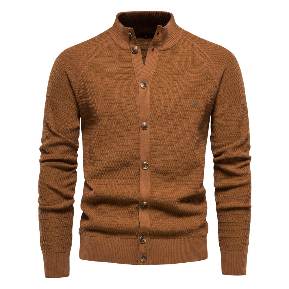 Men’s Winter Full-Zip Cardigan Sweater – High-Stretch Cotton Stand Collar Knit Top | Y324