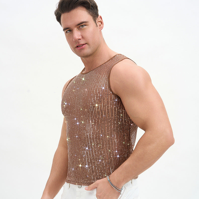 WINUU Men‘s Mesh Sequin Tank Top Rave Party Vest for Clubs & Music Festivals Shiny Glitter Muscle Tee Shirt