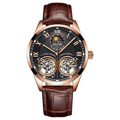 AIlang Automatic Watch | Dual Moon Phase & Calendar Men's Watch | Rose Gold/Steel Chronograph Business Watch | AL-8822