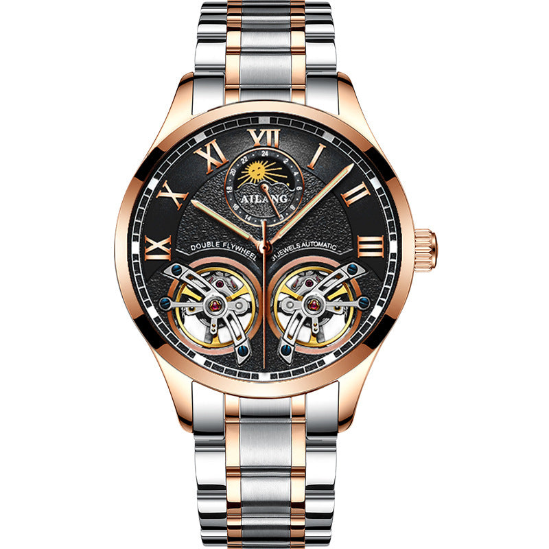 AIlang Automatic Watch | Dual Moon Phase & Calendar Men's Watch | Rose Gold/Steel Chronograph Business Watch | AL-8822