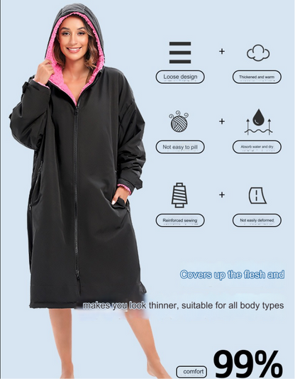 Warm Waterproof Swim Parka Oversized Hooded Robe Sherpa Liner Swimming Coat Dry Robe Surf One Size Poncho