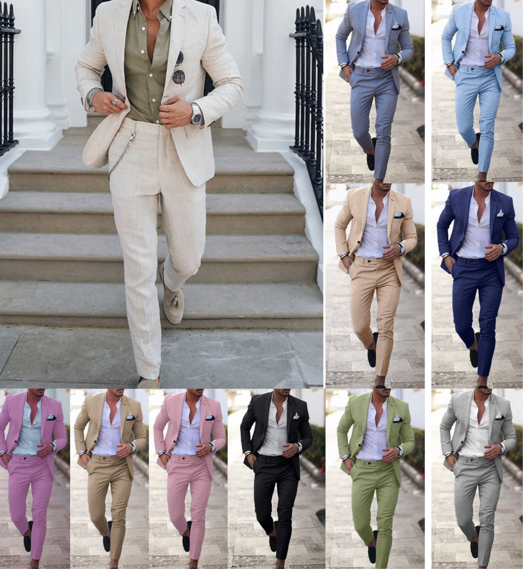 Men's Linen-Cotton Blend Slim-Fit Suit Set - Single Breasted Spring Light Business Attire | 820