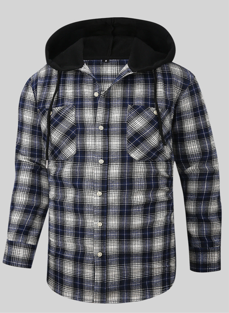 Chic Color Block Men's Plaid Pattern Hooded Long Sleeve Shirt Jacket With Drawstring And Pocket Spring Fall Outwear