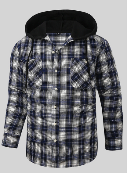 Men Premium Loose Fit Casual Flannel Long Sleeve Hooded Plaid Checkered Shirt | JM419