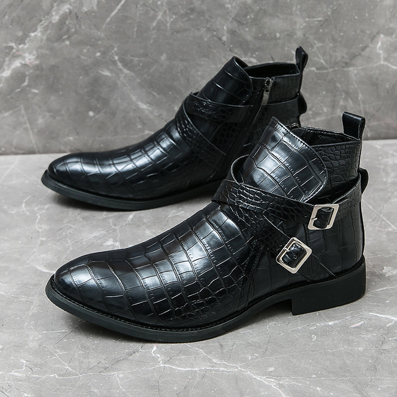 Zipper Embossed High Top Leather Shoes Men Vintage Martin Boots | 6805