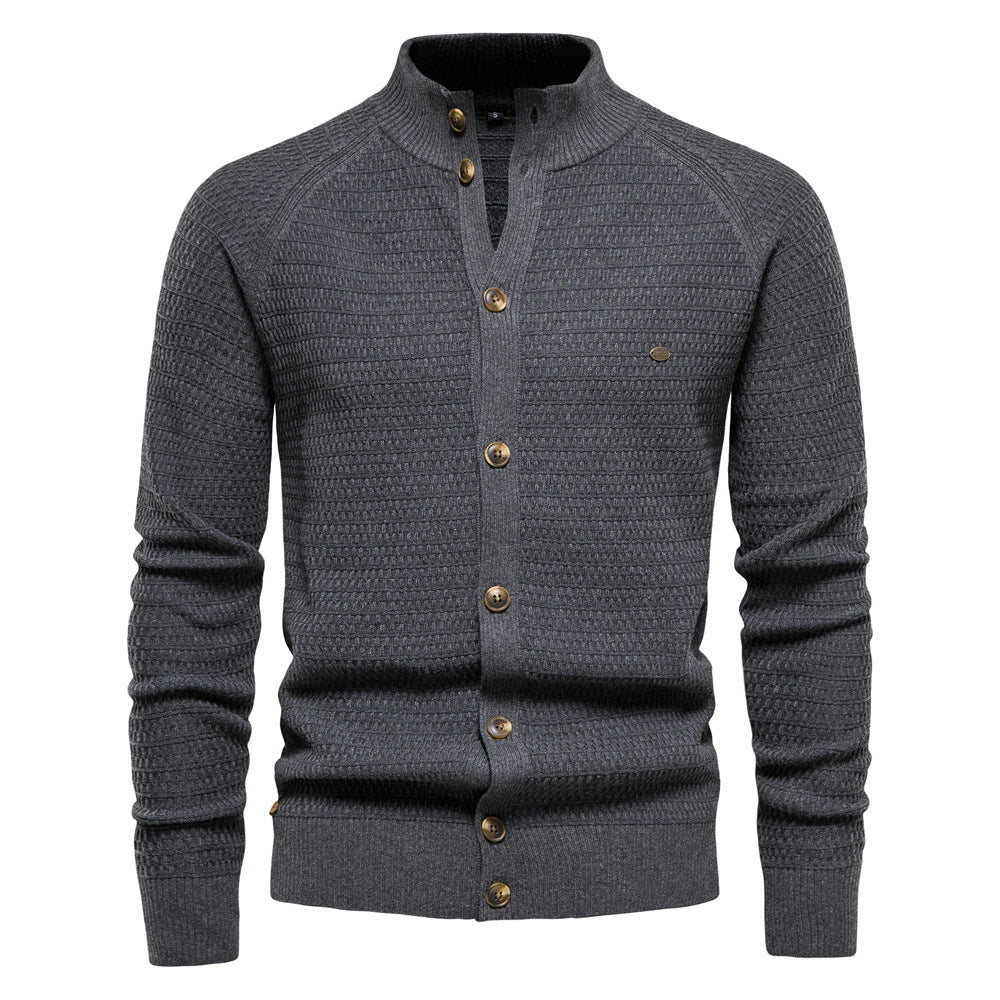 Men’s Winter Full-Zip Cardigan Sweater – High-Stretch Cotton Stand Collar Knit Top | Y324
