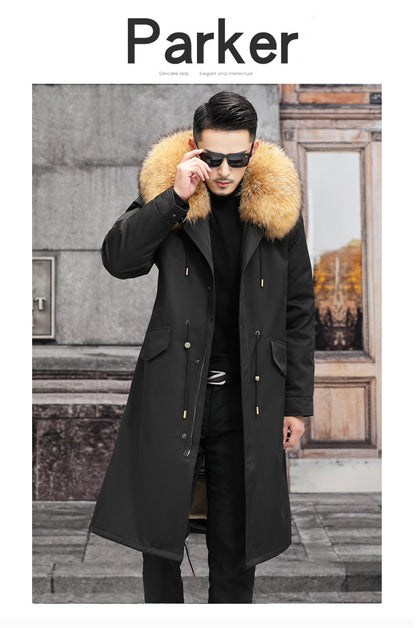 Snow Lotus Men's Otter Rabbit Fur Parka | Detachable Fur Lining Long Winter Coat | Mid-Length Hooded Faux Fur Jacket | 212