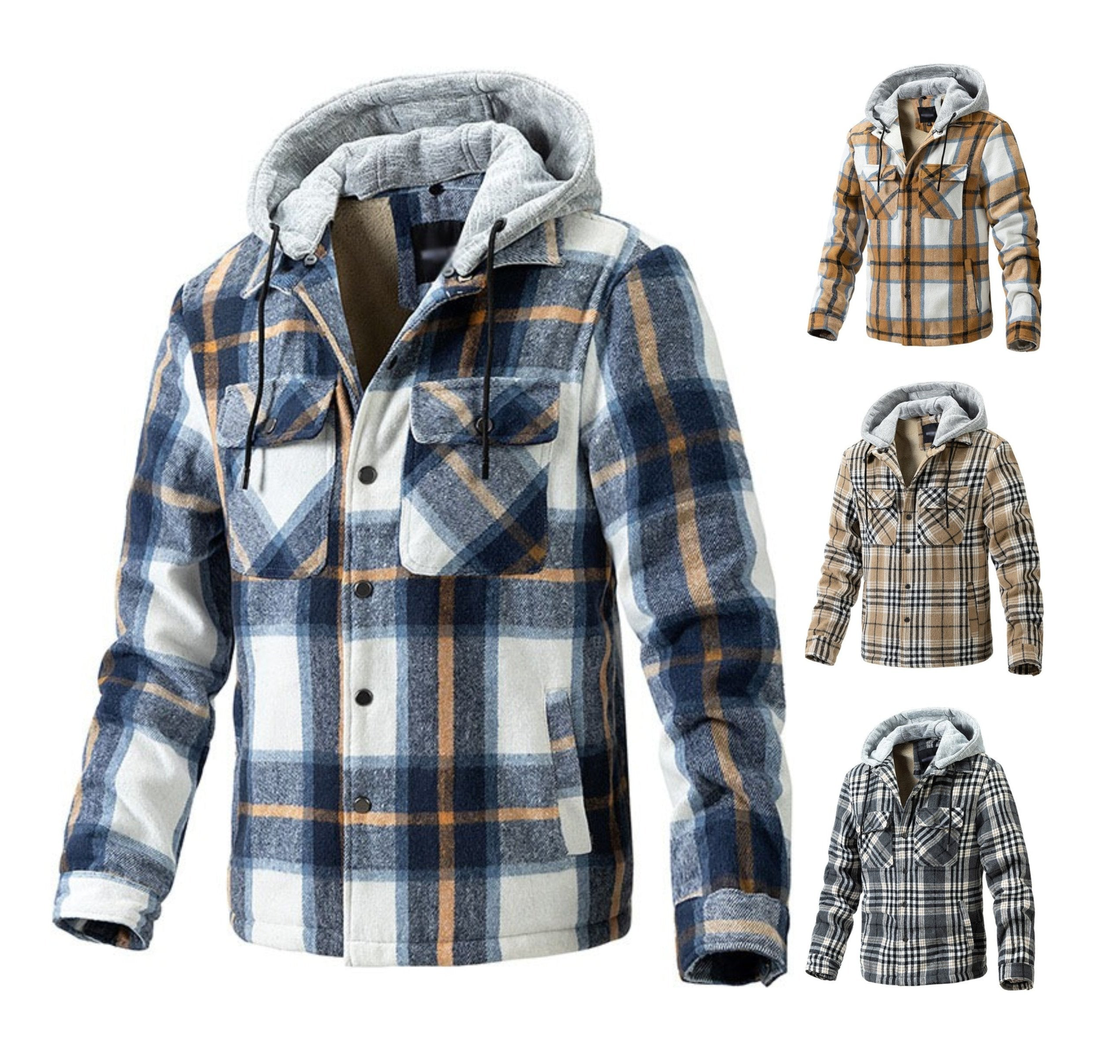 Winter Men's Jacket Plaid Wool Heavy Plus Size Shirt Checkered Hooded Coat Oversize Top