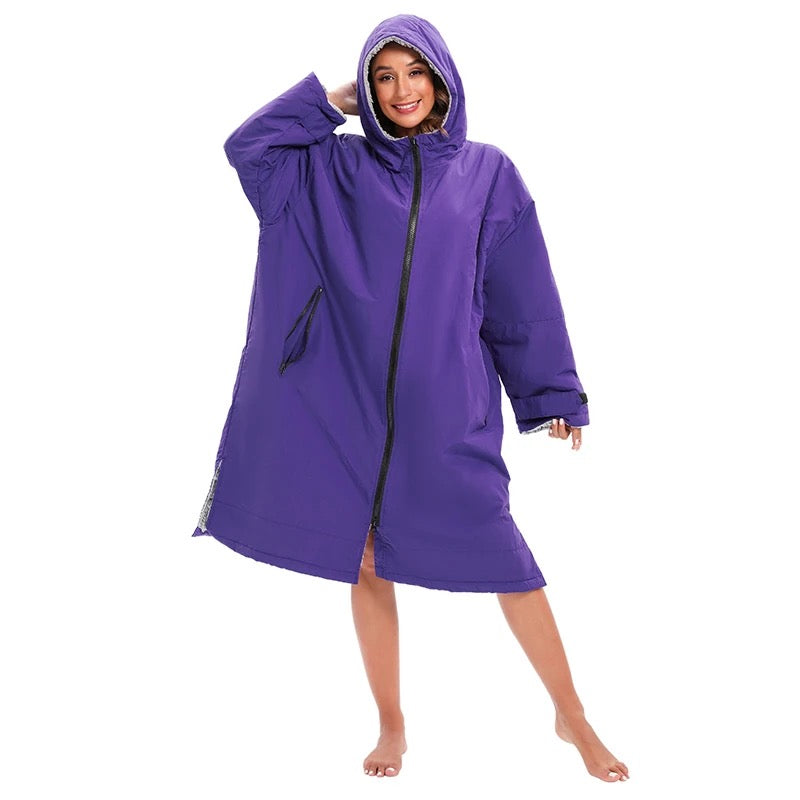 Warm Waterproof Swim Parka Oversized Hooded Robe Sherpa Liner Swimming Coat Dry Robe Surf One Size Poncho