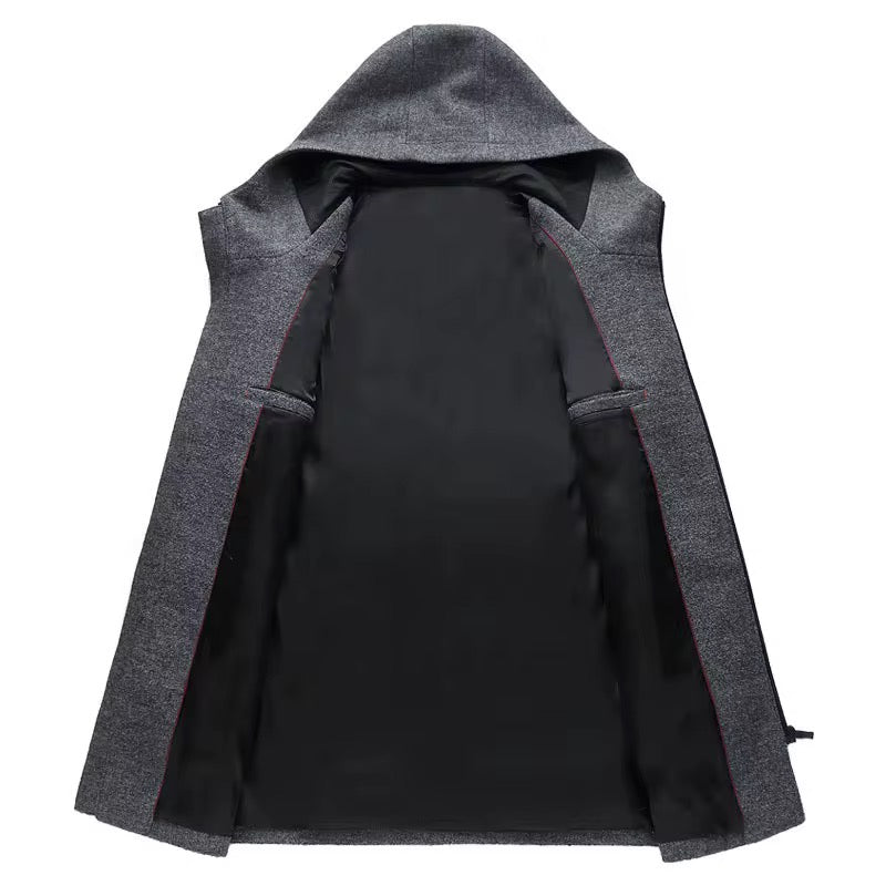 Men's Premium End Wool Blend Trench Coat Zip Closure Hooded Mid Long Overcoat