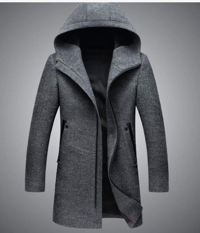 Men's Premium End Wool Blend Trench Coat Zip Closure Hooded Mid Long Overcoat