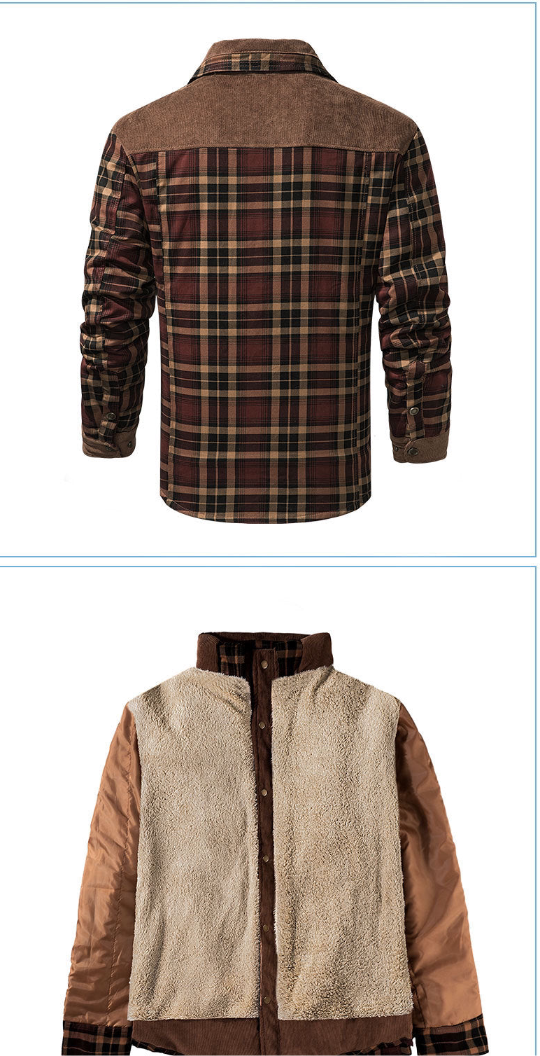 Men's Patchwork Corduroy Plaid Shirt Jacket Plus Size Velvet Lined Casual Winter Top | 3251