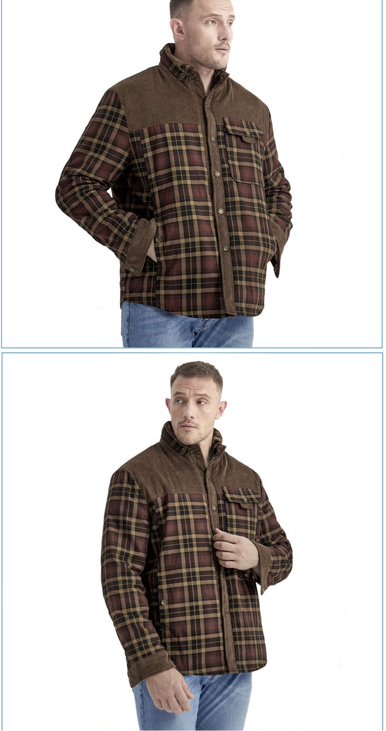 Men's Patchwork Corduroy Plaid Shirt Jacket Plus Size Velvet Lined Casual Winter Top | 3251