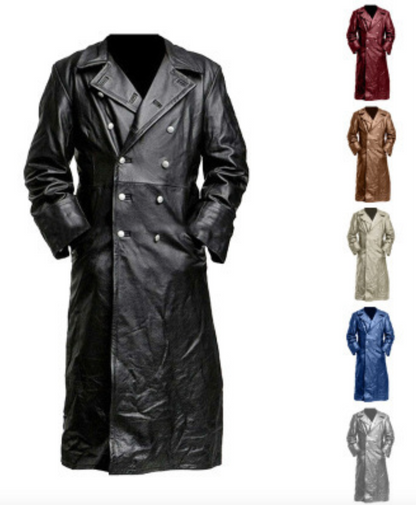 Men's Winter Long Coat  Leather Double-Breasted German Military Jacket | 1217-FY8