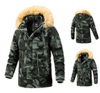 Men's Versatile Camouflage Fleece-Lined Military Jacket with Fur Hood & Multi Pockets